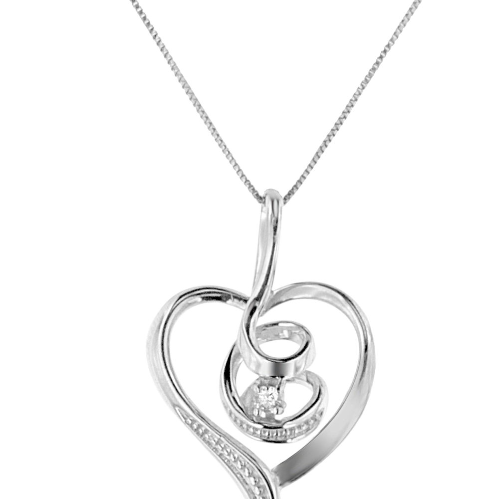 Espira 10K White Gold .03 ct TDW Round-Cut Diamond Swirl Heart Pendant Necklace (I-J, I2-I3) - YuppyCollections