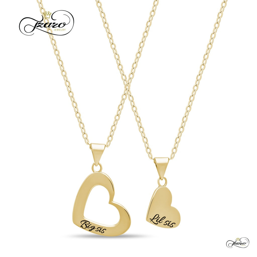 Sister Heart Necklace Set for Big Sis Lil Sis, 925 Silver, 14K Gold Plated Necklaces - YuppyCollections