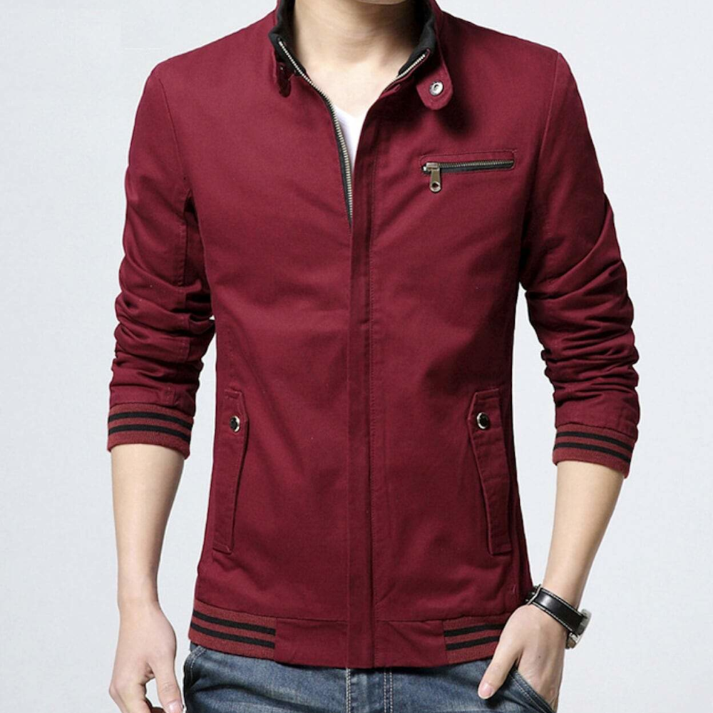 Mens Stand Collar Zipper Jacket in Beige - YuppyCollections