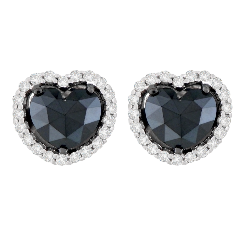 14K White Gold 2 1/3 CTTW Round and Treated Black Heart-cut Diamond Stud Earrings (H-I, I2-I3) - YuppyCollections