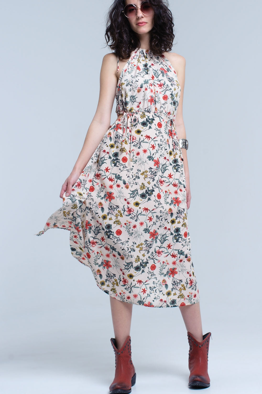 Beige floral high neck cut out midi dress - YuppyCollections