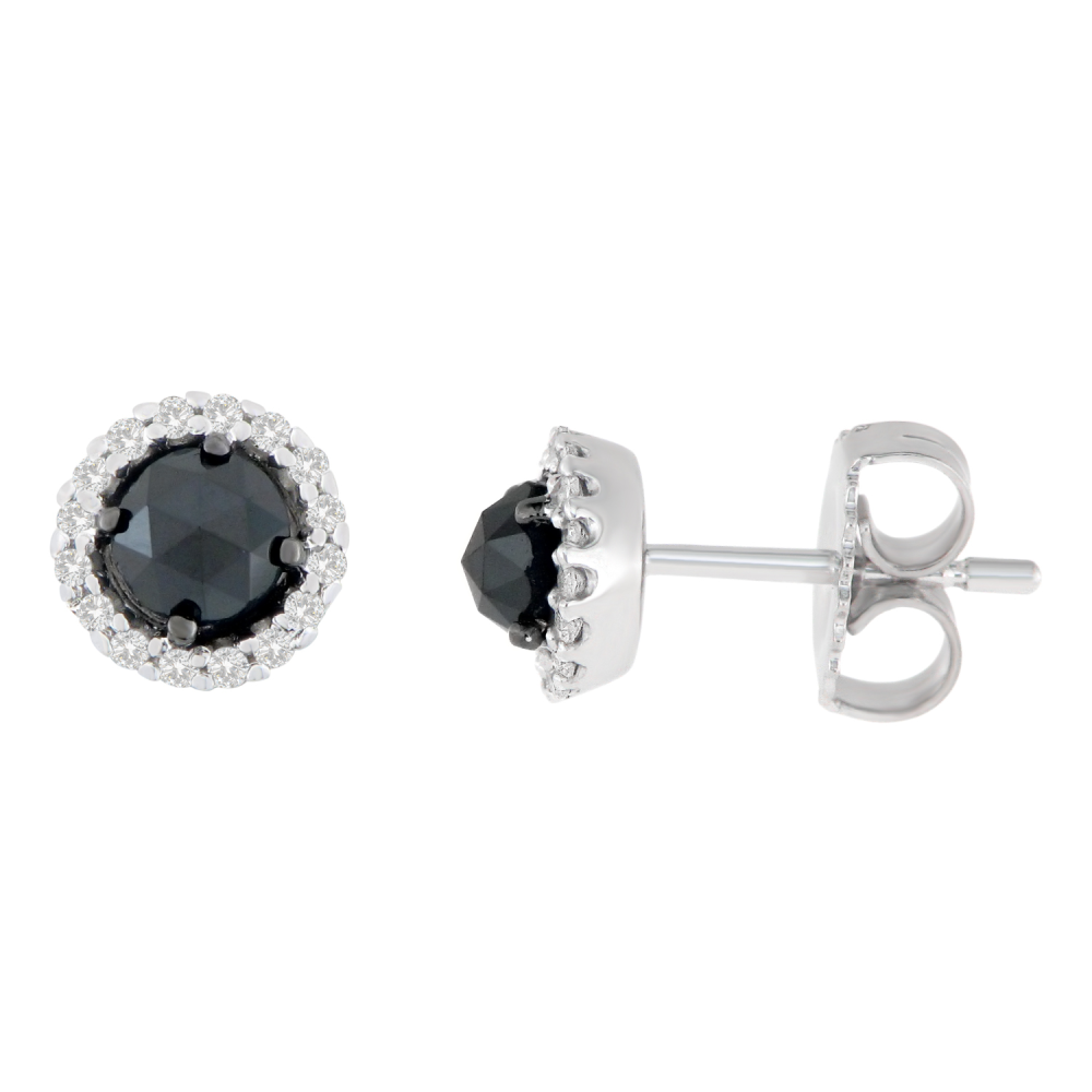 14K White Gold 3/4 CTTW Round and Rose-Cut Treated Black Diamond Stud Earrings (H-I, I2-I3) - YuppyCollections