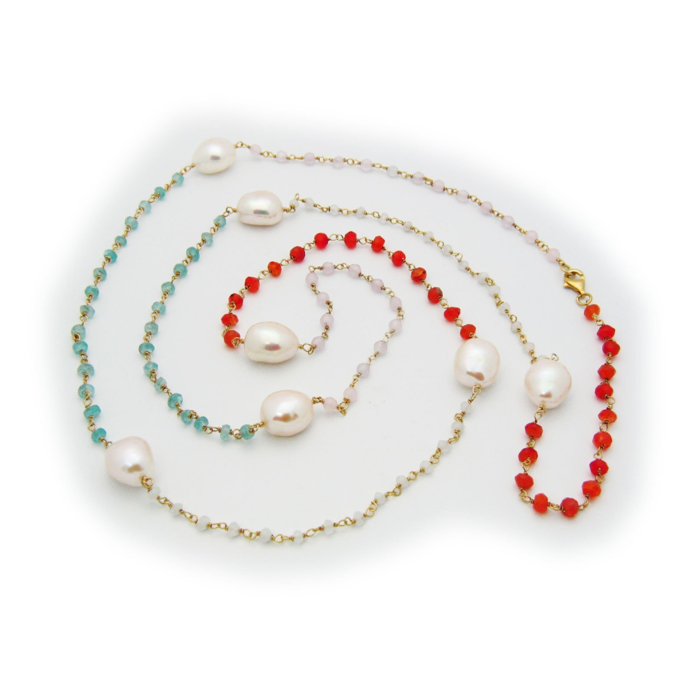 Multi-Color Natural Stone & White Rice Pearl Necklace, 38" - YuppyCollections