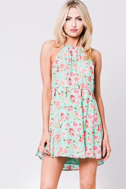 Floral Print Halter Mini Dress - YuppyCollections