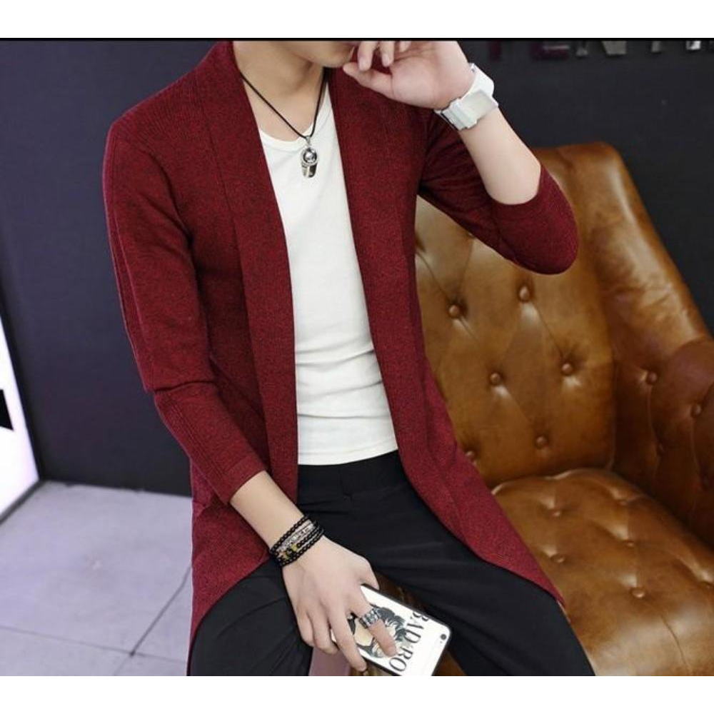 Mens Mid Length Shawl Collar Cardigan in Red - YuppyCollections