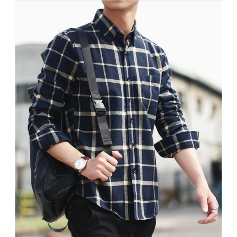 Mens Long Sleeve Checkered Cotton Shirt - YuppyCollections