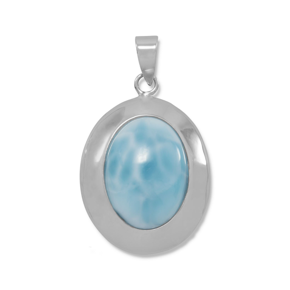 Rhodium Plated Oval Larimar Pendant - YuppyCollections