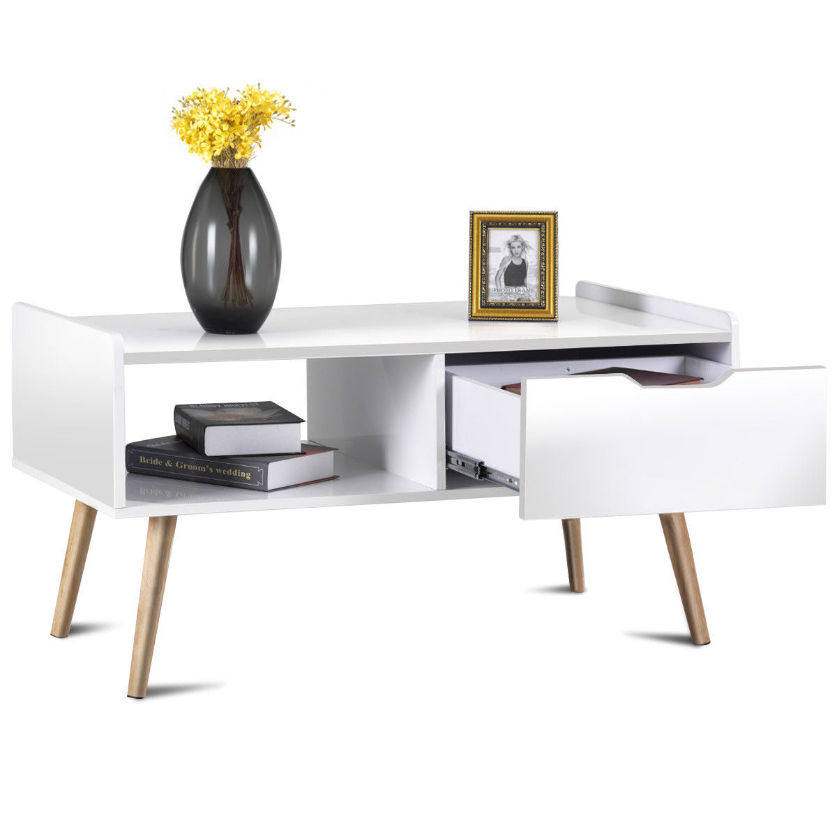 Costway Modern Coffee Table Side End Table Cabinet With Drawers Solid Wood LegsCostway Modern Coffee Table Side End Table Cabinet With Drawers Solid Wood Legs - YuppyCollections