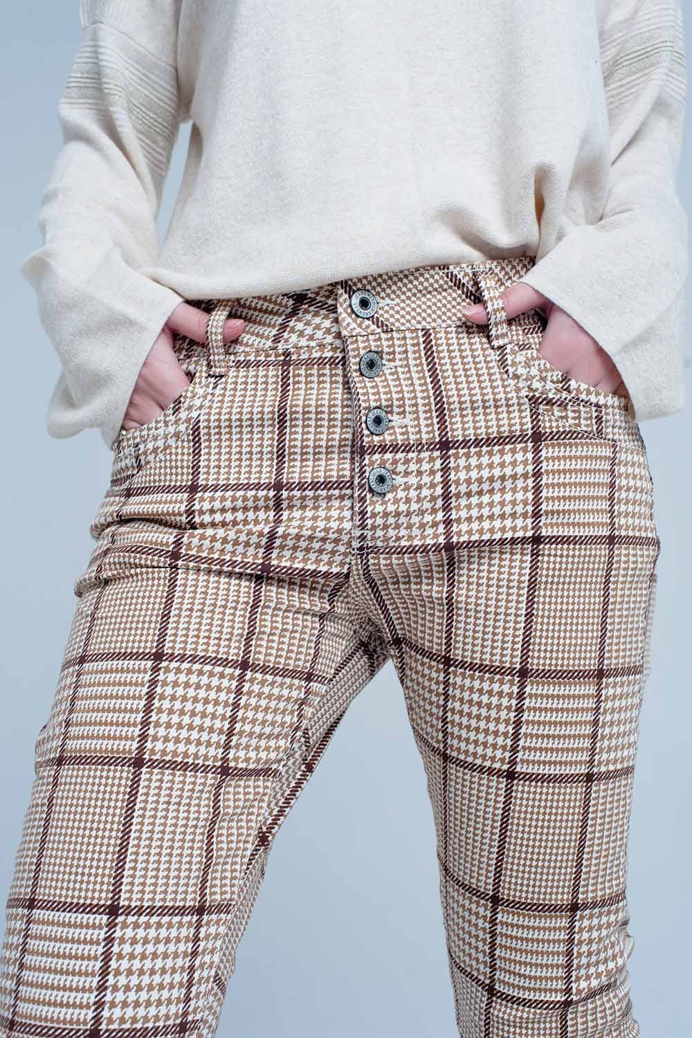 pants in beige check with button - YuppyCollections