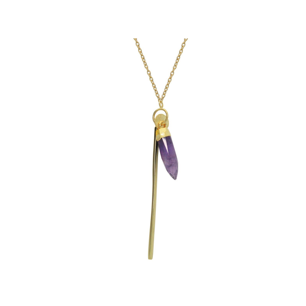 Amethyst Bullet & Golden Bar Necklace in Gold Plated Sterling Silver, 30" - YuppyCollections