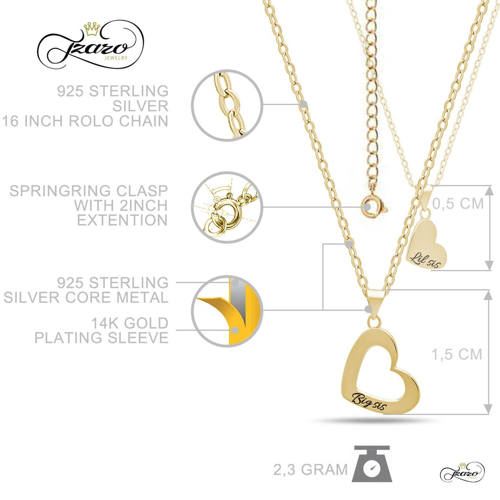 Sister Heart Necklace Set for Big Sis Lil Sis, 925 Silver, 14K Gold Plated Necklaces - YuppyCollections