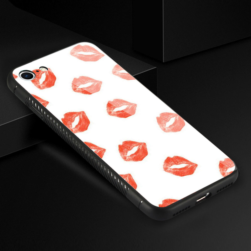 Reiko iPhone 8 Hard Glass Design TPU Case With Lipstick Kiss Pattern - YuppyCollections