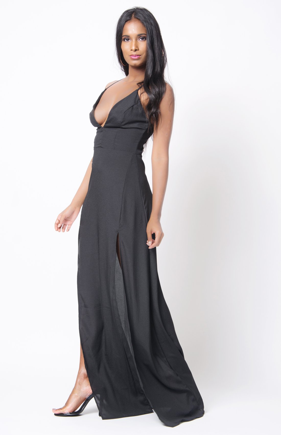 V Neck Double Slit Maxi Dress - YuppyCollections