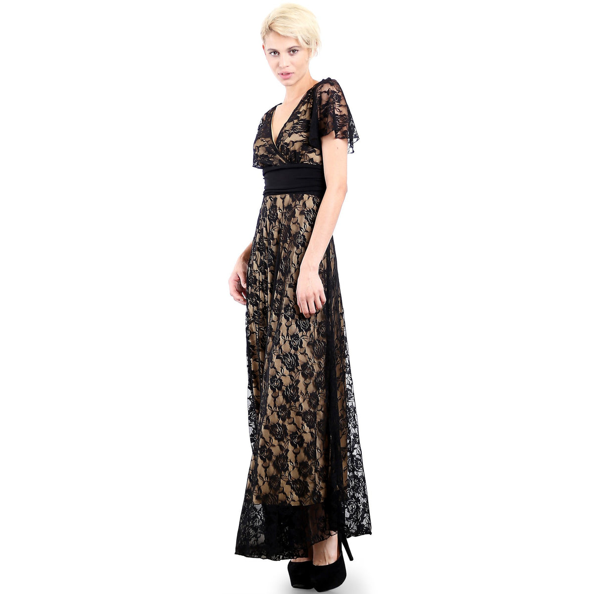 Evanese Women's Lace Evening Party Formal Long Dress Gown with Short Sleeves - YuppyCollections