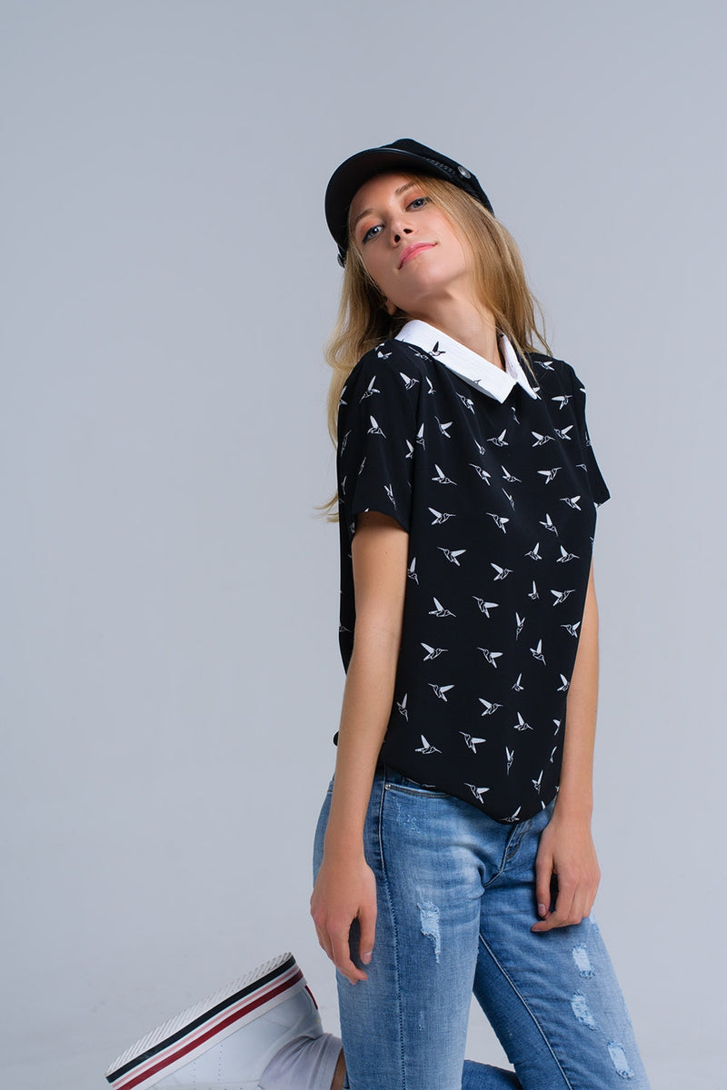 Black shirt with white printed birds - YuppyCollections