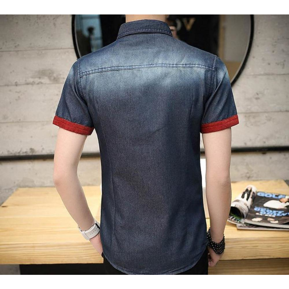 Mens Short Sleeve Button Front Denim Shirt - YuppyCollections