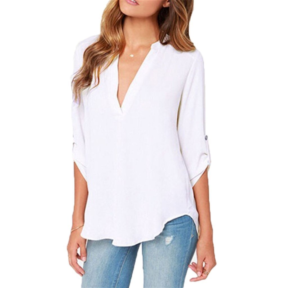 Womens V Neck Quarter Sleeve Top in White - YuppyCollections