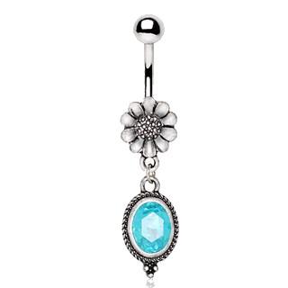 316L Stainless Steel Flower and Aqua Pendant Dangle Navel Ring - YuppyCollections