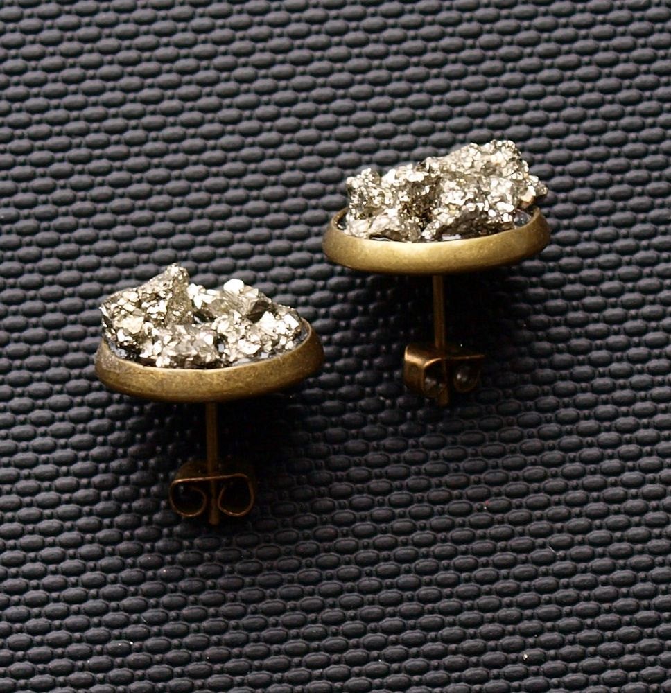 Pyrite Cluster Stud Earrings, Raw Pyrite Earrings - YuppyCollections