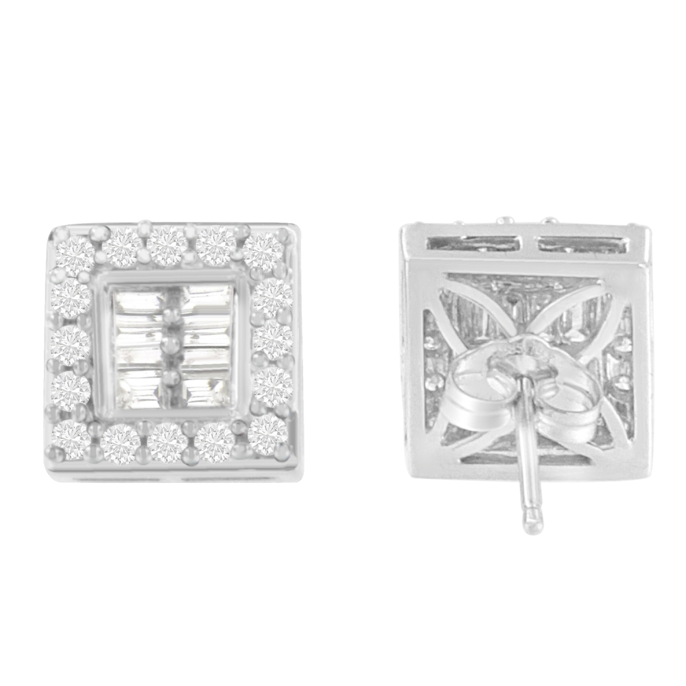 14K White Gold 1ct. TDW Round And Baguette-cut Stud Earrings (H-I,SI1-SI2) - YuppyCollections