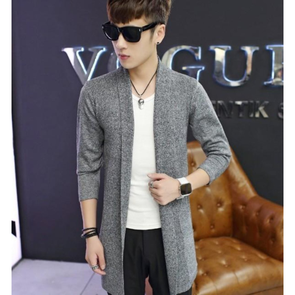 Mens Gray Mid Length Shawl Collar Cardigan - YuppyCollections