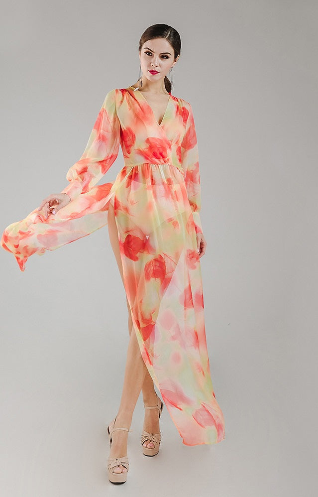 Orange Chiffon Floral Maxi Dress - YuppyCollections