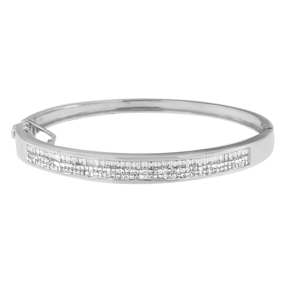 14K White Gold 2 1/10 ct.TDW Princess and Baguette Cut Diamond Classic Bangle (H-I,SI1-SI2) - YuppyCollections