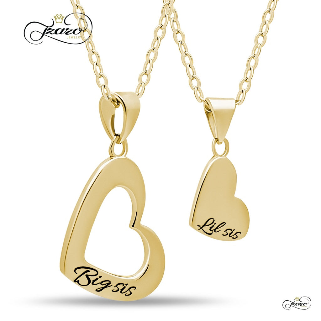 Sister Heart Necklace Set for Big Sis Lil Sis, 925 Silver, 14K Gold Plated Necklaces - YuppyCollections