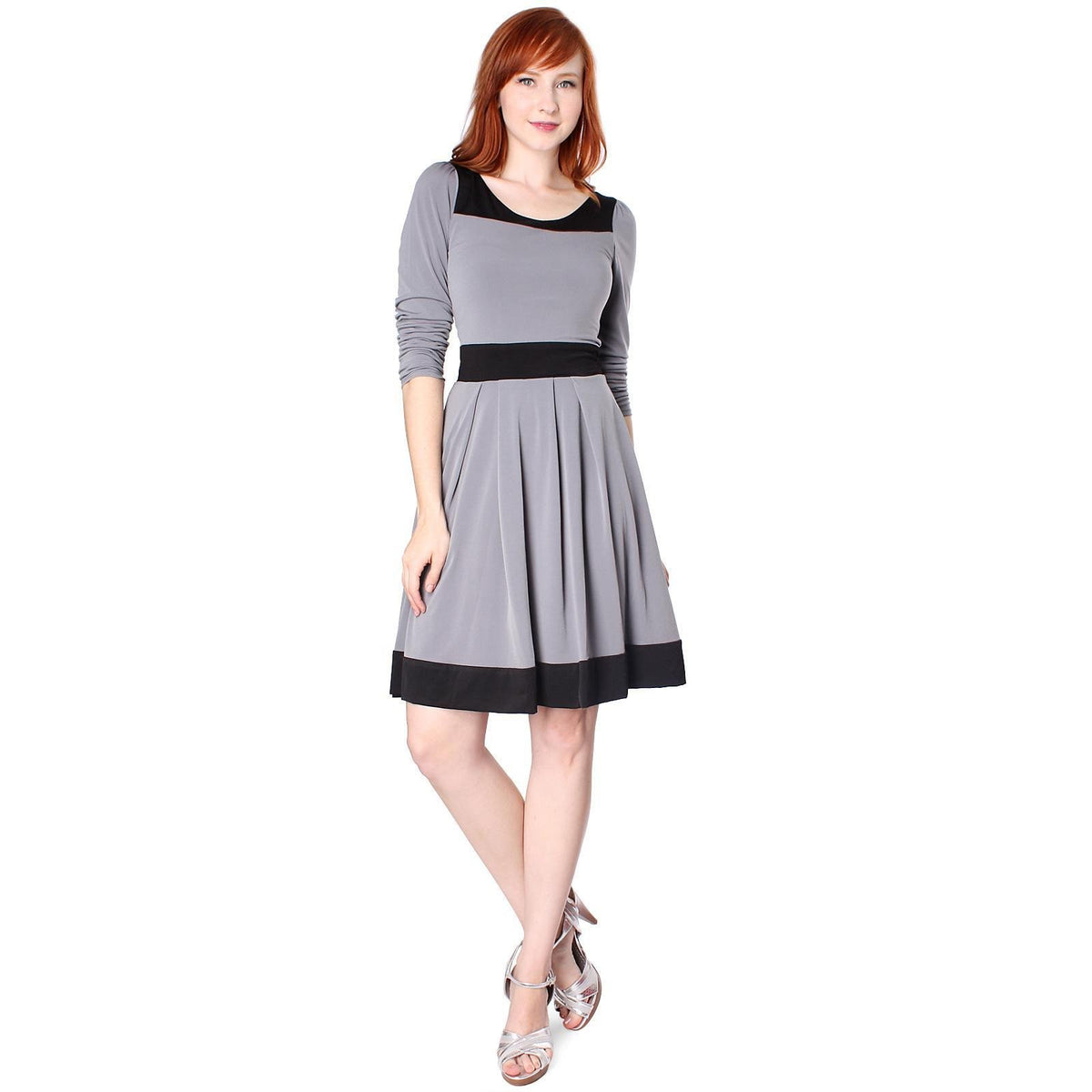 Evanese Women's Casual Two Tone Long Sleeve Knee Length A Line Day Dress - YuppyCollections