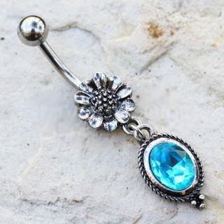 316L Stainless Steel Flower and Aqua Pendant Dangle Navel Ring - YuppyCollections