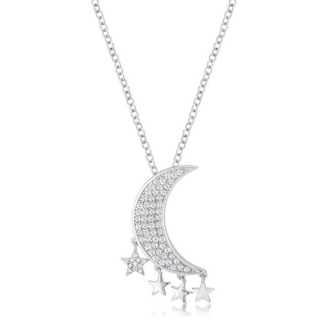 .6Ct Dazzling Rhodium Moon and Stars Necklace with CZ - YuppyCollections