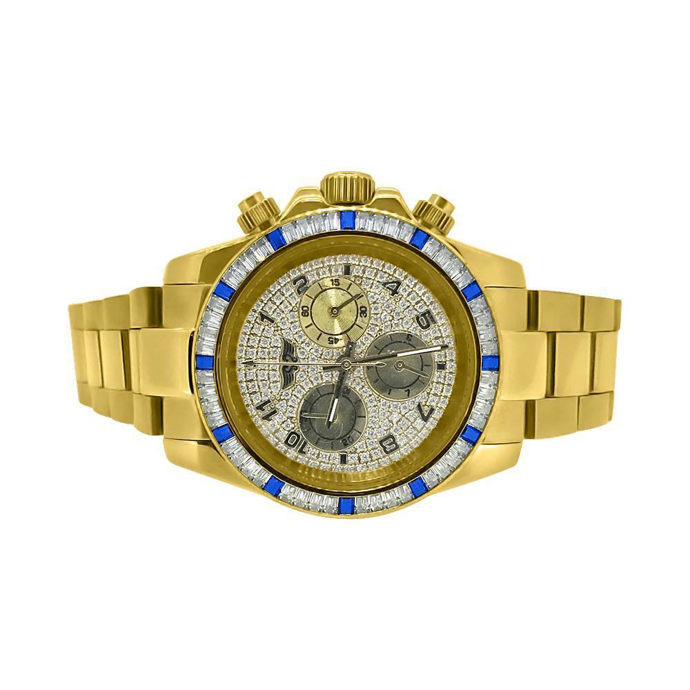 Gold Daytona Watch Blue White Baguette CZ Bezel - YuppyCollections