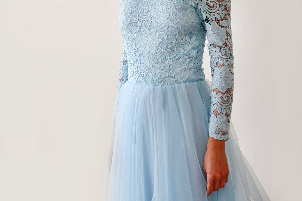 Light Blue  Off-The-Shoulder Lace and Tulle Maxi Dress 1134 - YuppyCollections