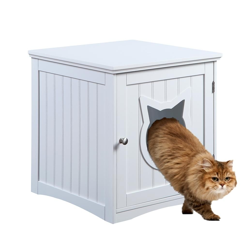 Cat House Side Table, Nightstand Pet House, Litter Box Enclosure, White - YuppyCollections