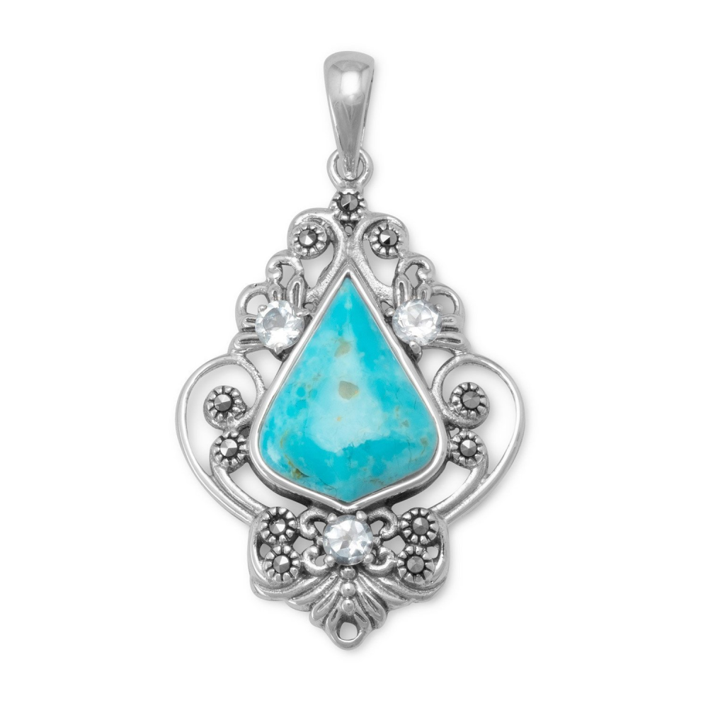 Reconstituted Turquoise, Blue Topaz and Marcasite Pendant - YuppyCollections