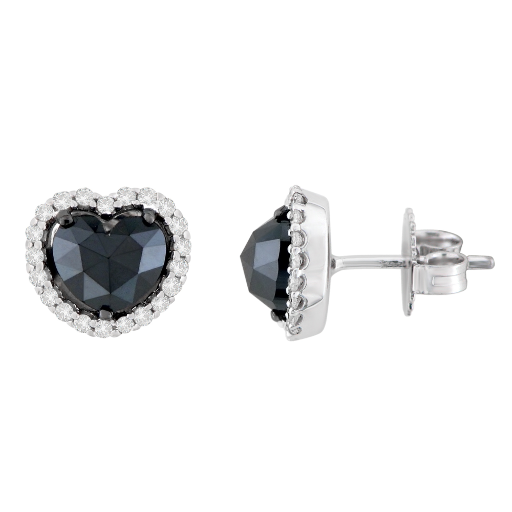 14K White Gold 2 1/3 CTTW Round and Treated Black Heart-cut Diamond Stud Earrings (H-I, I2-I3) - YuppyCollections