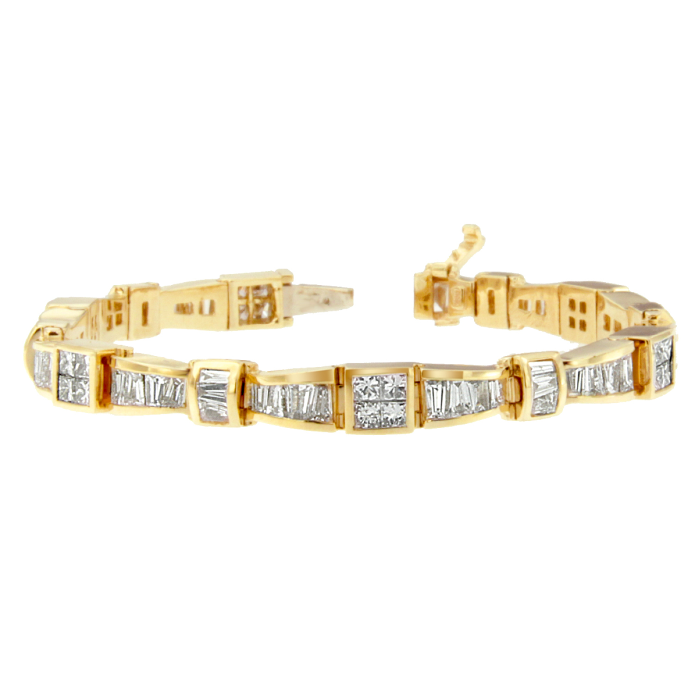 14K Yellow Gold 7 3/4 CTTW Princess and Baguette Cut Diamond Bow-Link Bracelet (H-I, SI1-SI2) - YuppyCollections