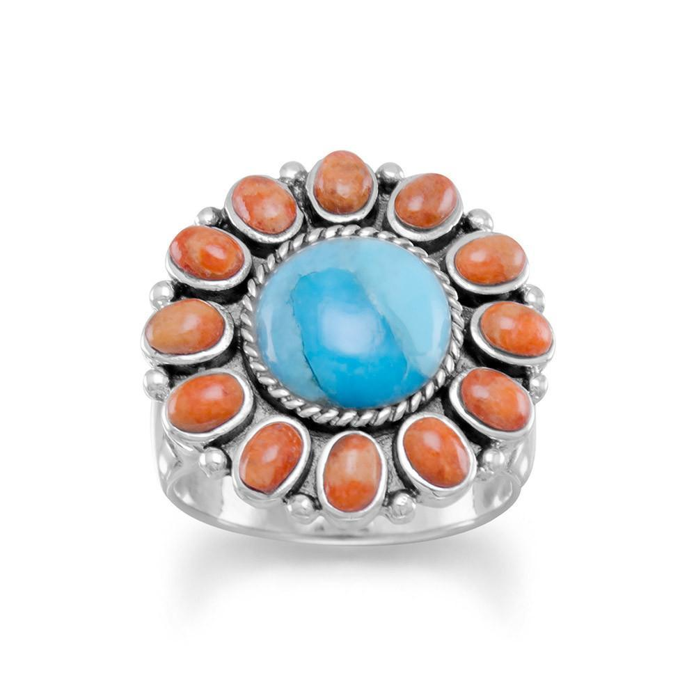 Reconstituted Turquoise and Coral Sunburst Ring - YuppyCollections