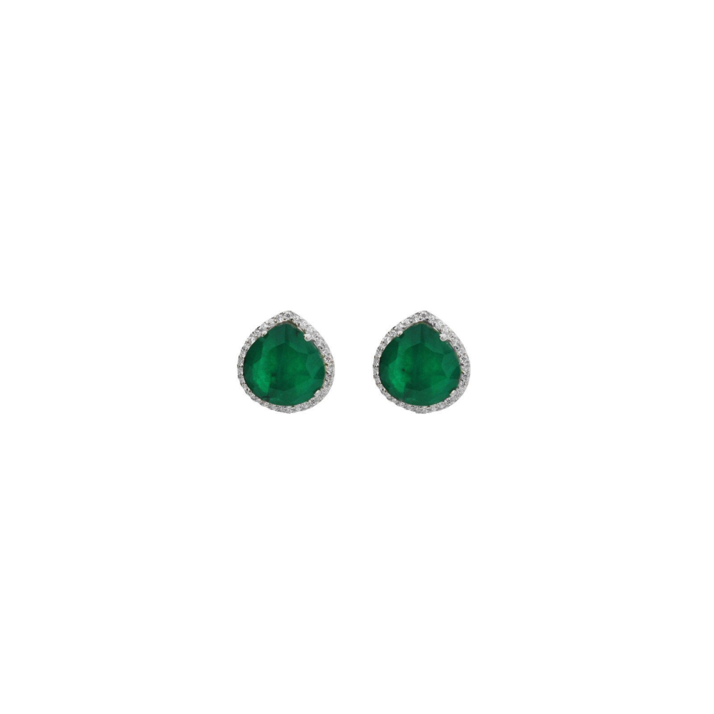 Almond Emerald & CZ Stud Earrings in Sterling Silver - YuppyCollections