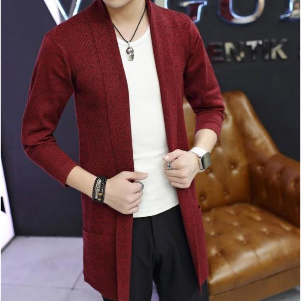 Mens Mid Length Shawl Collar Cardigan in Red - YuppyCollections