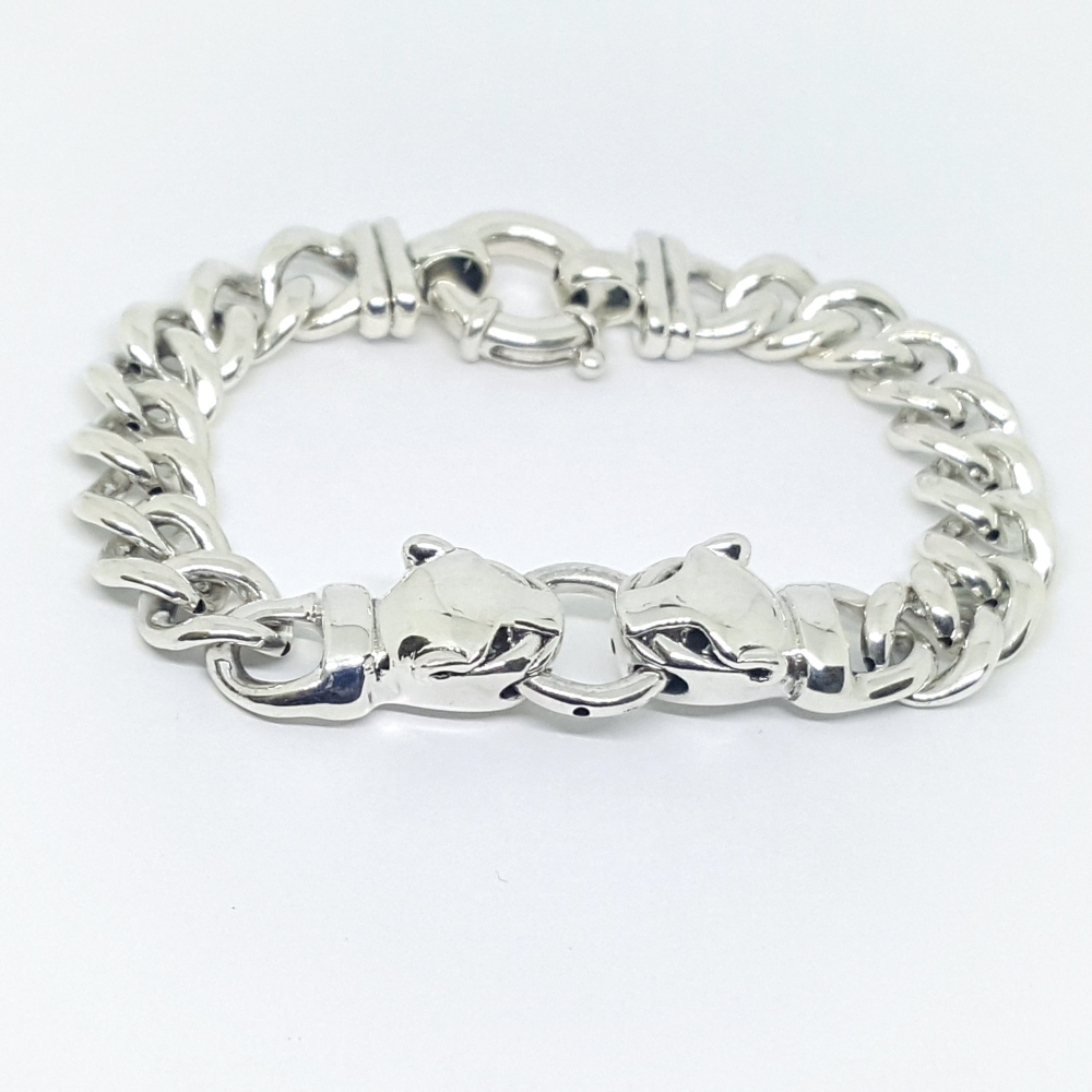 2-0310-h2 Sterling Silver Puff (hollow) Jaguar Bracelet, 8" - YuppyCollections