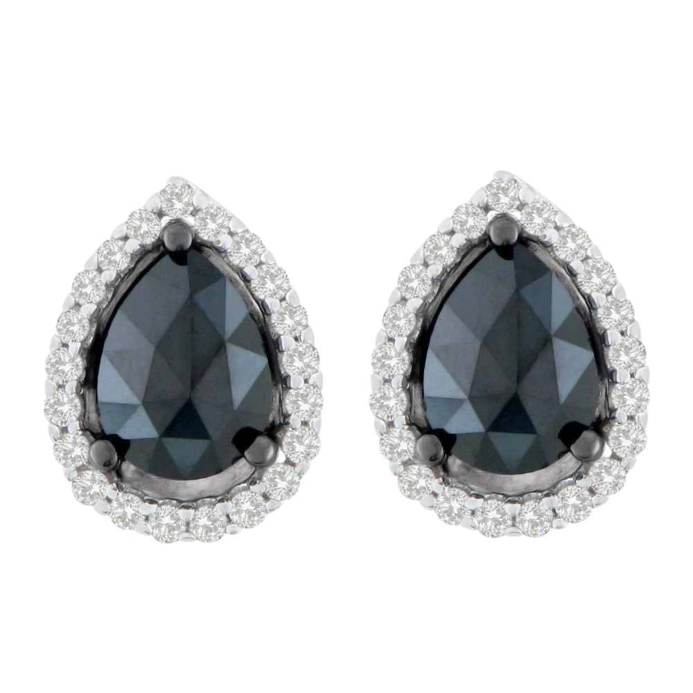 14K White Gold 2 1/4 CTTW Round and Pear-Cut Treated Black Diamond Stud Earrings (H-I, I2-I3) - YuppyCollections