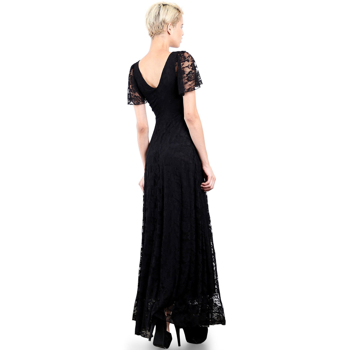 Evanese Women's Lace Evening Party Formal Long Dress Gown with Short Sleeves - YuppyCollections