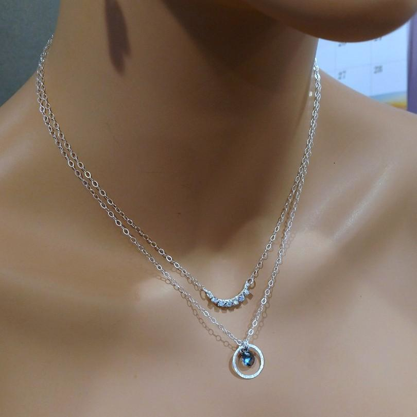 Silver Layered Blue Crystal Circle Crescent Necklace - YuppyCollections