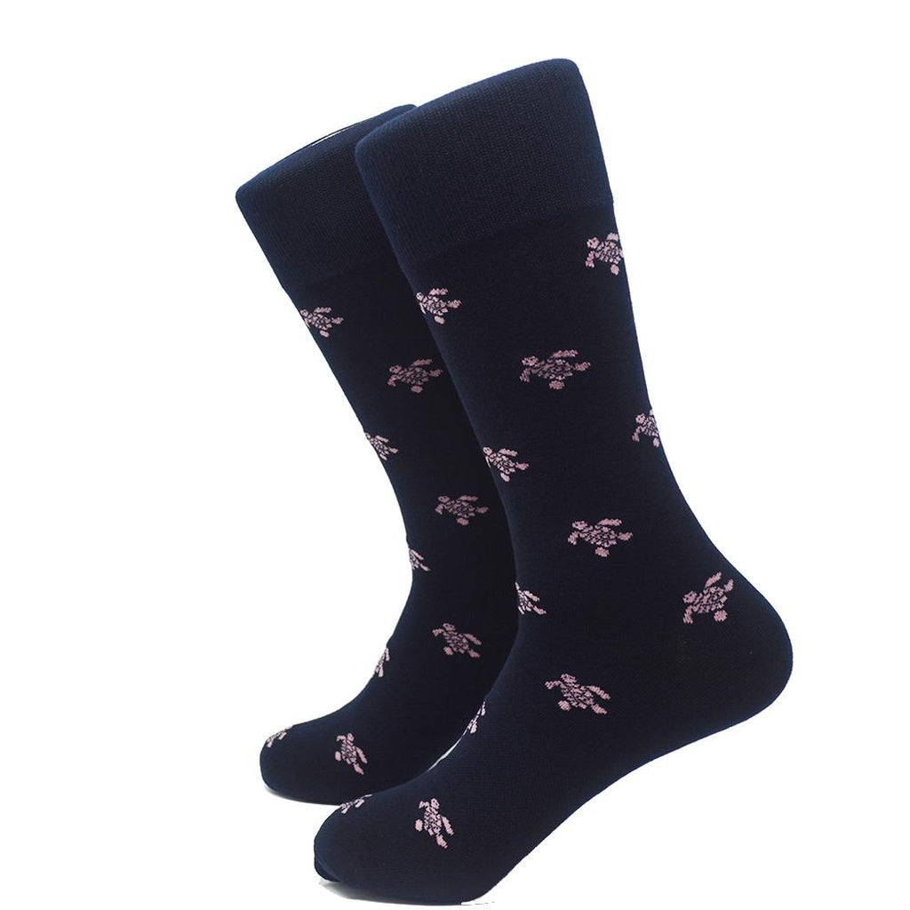 Turtle Socks - Men's Mid Calf - Pink on Navy - YuppyCollections