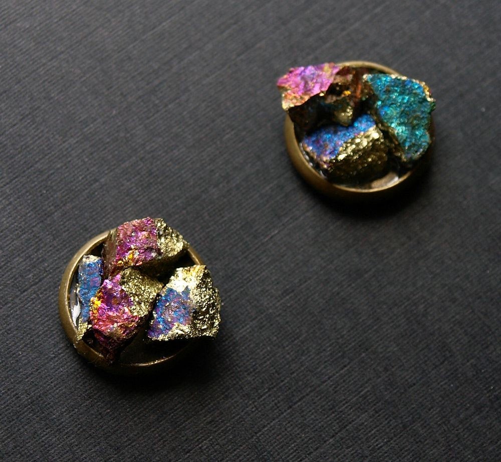 Peacock Ore Cluster Stud Earrings, Raw Peacock Ore Earrings - YuppyCollections