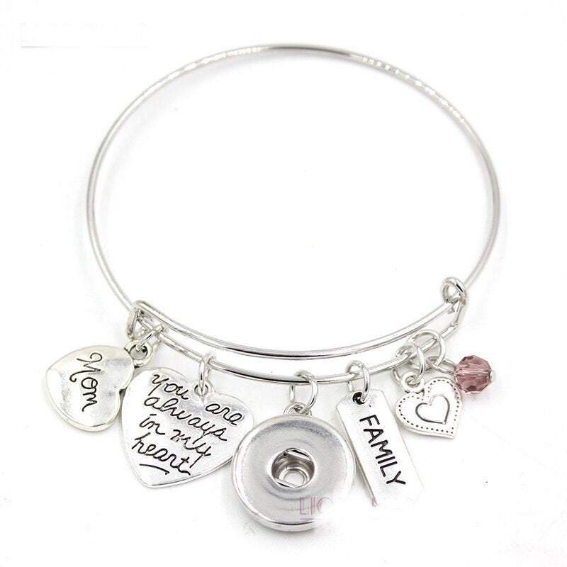 Mom - Family - Love - Themed Bangle Bracelet - Customize with one of Our Snaps - Includes Five Pictured Charms and Your Choice of Snap - YuppyCollections