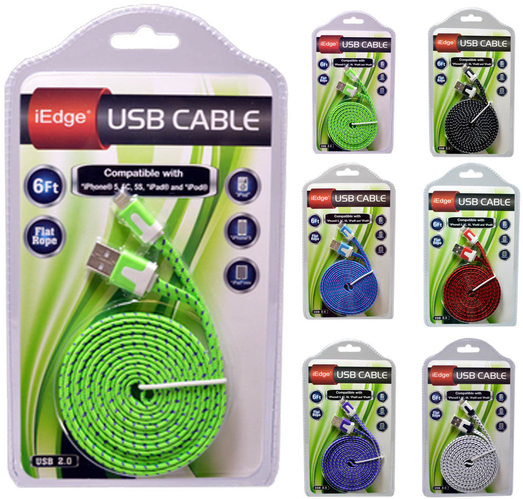 6 Foot Flat Rope Cable for iPhone 5/6 Case Pack 12 - YuppyCollections