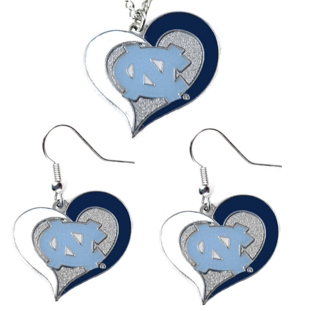 UNC North Carolina Tar Heels Swirl Heart Dangle Logo Necklace and Earring Set Charm Pendant Gift NCAA - YuppyCollections