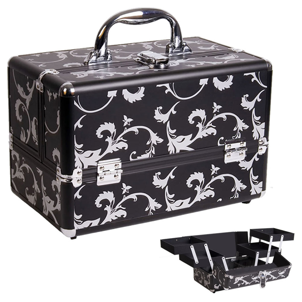 2-Tiers Expandable Trays Black Floral Design Makeup Beauty Case - C0005 - YuppyCollections